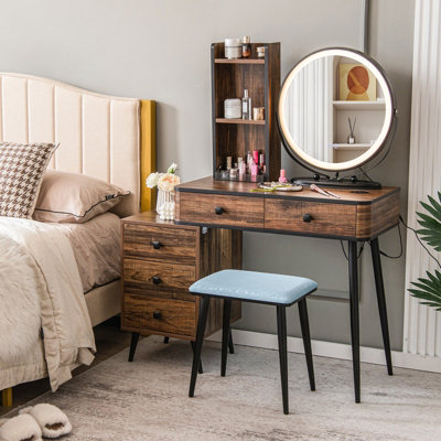 Costway Dressing Table Vanity Set Makeup Stool LED Light w/ 3-Drawer Chest & Charging Station