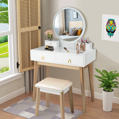 Modern Makeup Vanity Desk Vanity Set with Mirror & Stool Dresser Table with  5 Drawers