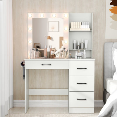 COSTWAY Dressing Table with Drawers Makeup Vanity Desk with Lighted Mirror