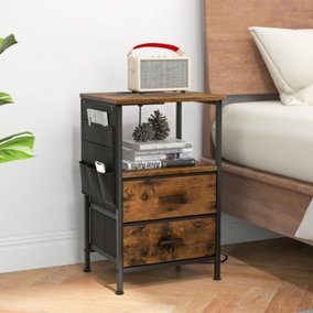 Costway End Table Nightstand with Charging Station Industrial Bedside Table W/ 2 Drawers