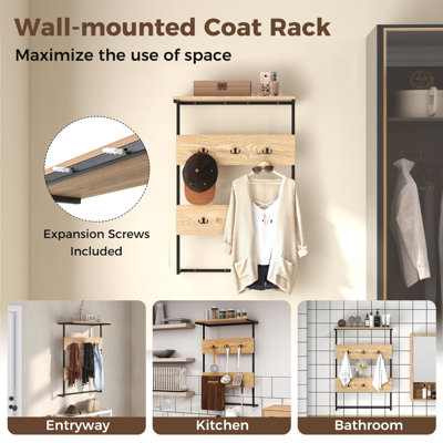 COSTWAY Entryway Hanger Hooks Wall Mounted Coat Rack Wooden Wall Shelf - 3