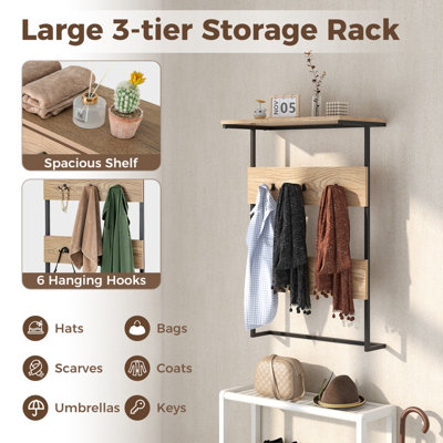 COSTWAY Entryway Hanger Hooks Wall Mounted Coat Rack Wooden Wall Shelf - 5