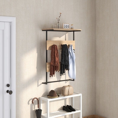 COSTWAY Entryway Hanger Hooks Wall Mounted Coat Rack Wooden Wall Shelf - 7
