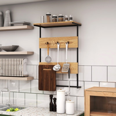 COSTWAY Entryway Hanger Hooks Wall Mounted Coat Rack Wooden Wall Shelf - 8