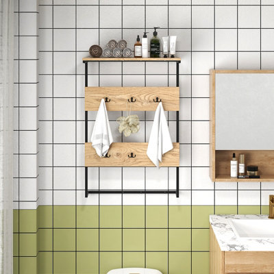 COSTWAY Entryway Hanger Hooks Wall Mounted Coat Rack Wooden Wall Shelf - 9