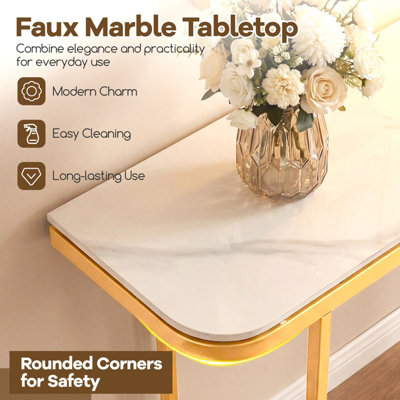 COSTWAY Entryway Table Sofa Console Table with Faux Marble Top-White