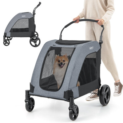 Costway Extra Large Folding Pet Stroller Portable Travel Pet Cart 4 Wheels w/ Dual Entry