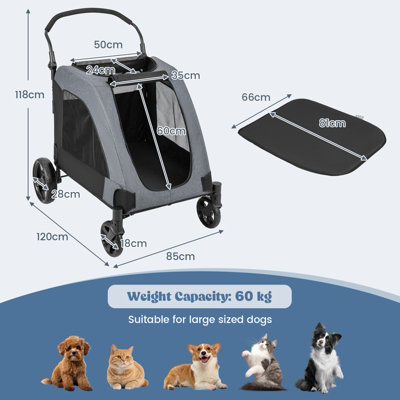 Costway Extra Large Folding Pet Stroller Portable Travel Pet Cart 4 Wheels w/ Dual Entry