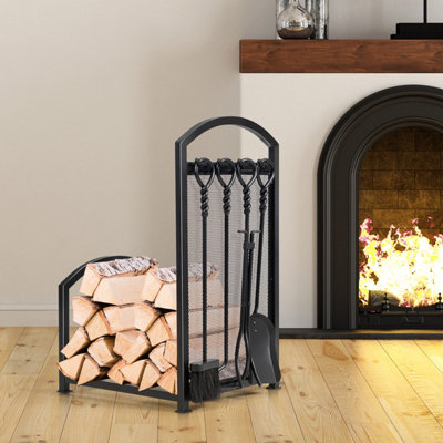 Costway Fireplace Log Rack with Tong Brush Shovel and Poker Iron Fireside Companion Set