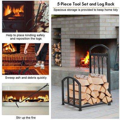 Costway Fireplace Log Rack with Tong Brush Shovel and Poker Iron ...
