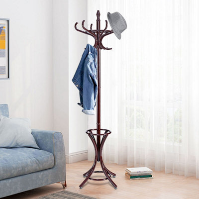 Costway Floor Standing Coat Jacket Stand Solid Wood Hanger with Umbrella Rack - 3