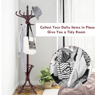 Costway Floor Standing Coat Jacket Stand Solid Wood Hanger with Umbrella Rack - 4
