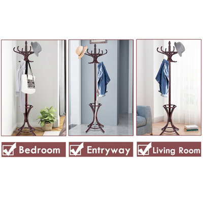 Costway Floor Standing Coat Jacket Stand Solid Wood Hanger with Umbrella Rack - 6