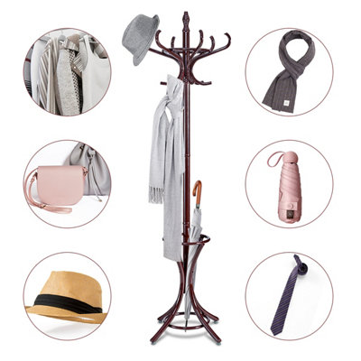 Costway Floor Standing Coat Jacket Stand Solid Wood Hanger with Umbrella Rack - 7