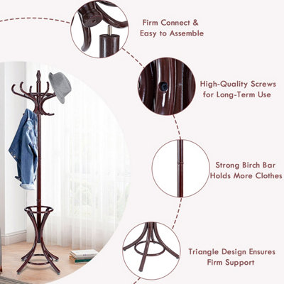Costway Floor Standing Coat Jacket Stand Solid Wood Hanger with Umbrella Rack - 8