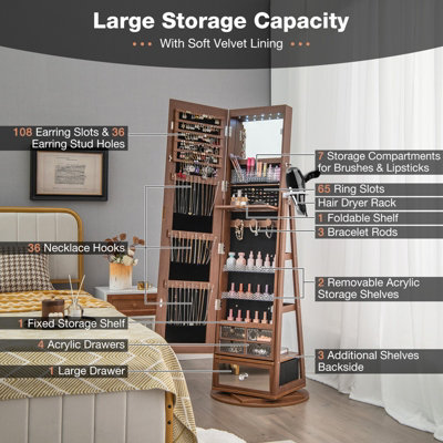HNEBC 360° Swivel Jewelry Cabinet With Lights,Standing Jewelry Armoire Organizer, Rotatable Jewelry Mirror, Full Length Mirror With Jewelry Storage, White