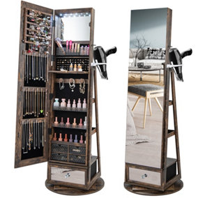 Costway Floor Standing Swivel Jewelry Cabinet Lockable Jewelry Armoire w/ Full-Length Mirror &Lights