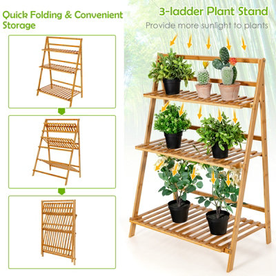 COSTWAY Foldable Bamboo Plant Stand 3-tier Ladder Flower Pot Display Shelf