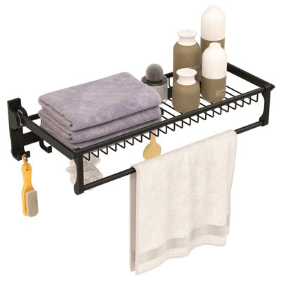 Costway Foldable Bathroom Towel Rack Wall Mounted Towel Shelf w/ Adjustable Towel Bar