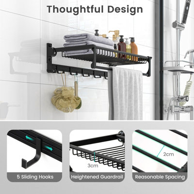 Costway Foldable Bathroom Towel Rack Wall Mounted Towel Shelf w/ Adjustable Towel Bar - 8