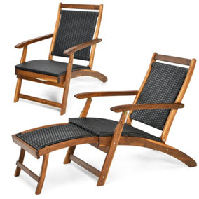 Costway Folding Acacia Wood Lounge Chair with Retractable Footrest