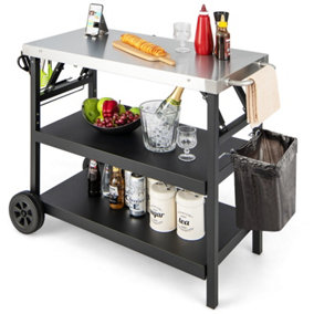 Costway Folding BBQ Serving Trolley 3 Tier Movable Pizza Oven Table W/ Adjustable Shelf