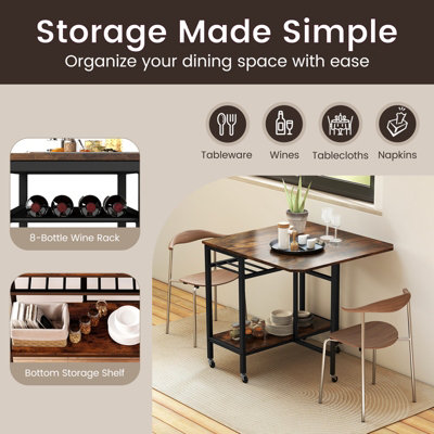 COSTWAY Folding Dining Table Movable Kitchen Table with Storage Shelf