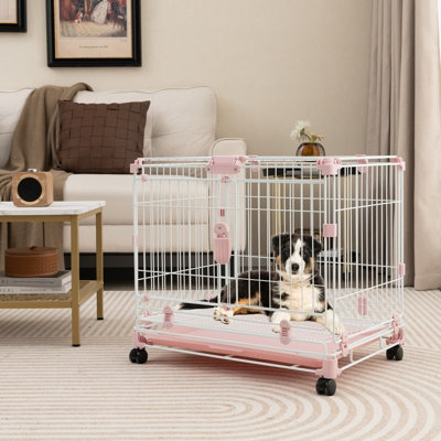 Costway Folding Dog Kennel Metal Wire Dog Crate Cage W/ Lockable Wheels &  Lockable Doors