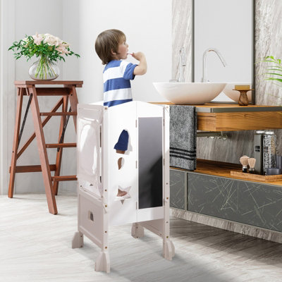 Costway Folding Kids Kitchen Step Stool Height Adjustable Toddler Kitchen Wooden Helper - 4