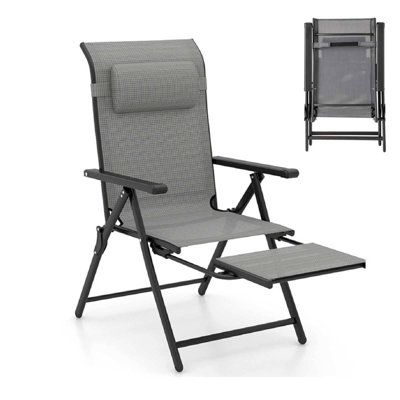 Costway Folding Patio Chair Lounge Chair with 10-Level Adjustable Backrest-Grey