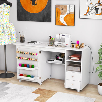 COSTWAY Folding Sewing Table w/ Charging Station Rolling Sewing Cabinet Craft Table White