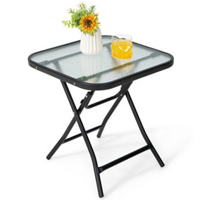 Costway Folding Square Patio Bistro Table Tempered W/ Glass Tabletop Outdoor Coffee Table