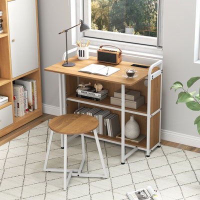COSTWAY Folding Table with Stool 90 cm Computer Desk Set with AC ...