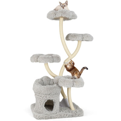 COSTWAY Freestanding Cat Tower 162 cm Tall Cat Tree w/ Flower-shaped Platforms-Grey