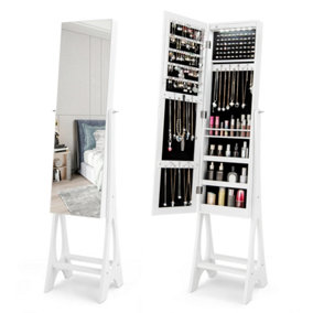 Costway Freestanding Mirror Jewelry Cabinet Organizer W/ Full Length Mirror Built-in LED Lights