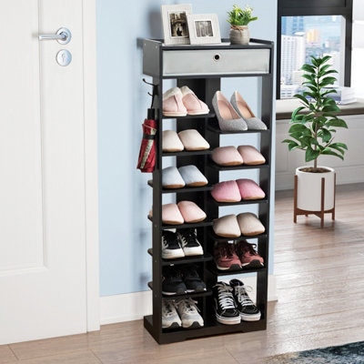 Costway Freestanding Shoe Rack Wooden Storage Shelf with Drawer - 9