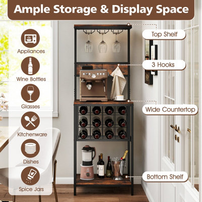 Costway Freestanding Wine Rack Floor Wine Bar Cabinet w/ Glass Racks-Brown