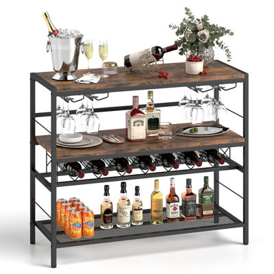 COSTWAY Freestanding Wine Rack Industrial Wine Bar Table w/ 4 Glass Holders