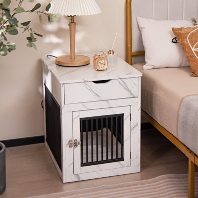 Costway Furniture Style Dog Crate Indoor Dog House Cage Side End Table w/ Wired & Wireless Charging