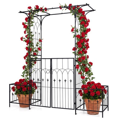 COSTWAY Garden Arbor with Gate and Planter Boxes 206cm Metal Arch with ...