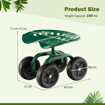 Costway Garden Cart Heavy Duty 4-Wheel Workseat w/ 360 Swivel Seat & Adjustable Height