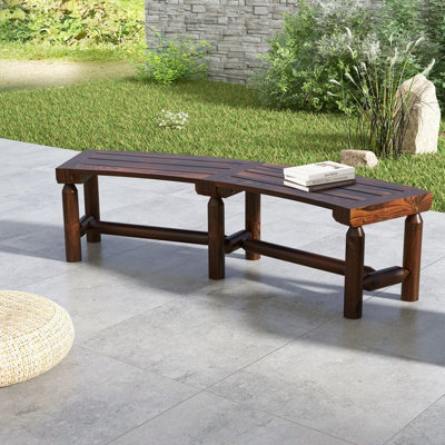 Costway Garden Curved Bench Patio Carbonized Wood Dining Bench Loveseat Slatted Seat