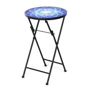 Costway Garden Mosaic Side Table Foldable Round End Table Outdoor Indoor Plant Stand w/ Ceramic Tile Top