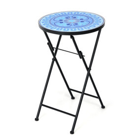 Costway Garden Mosaic Side Table Foldable Round End Table Outdoor Indoor Plant Stand w/ Ceramic Tile Top