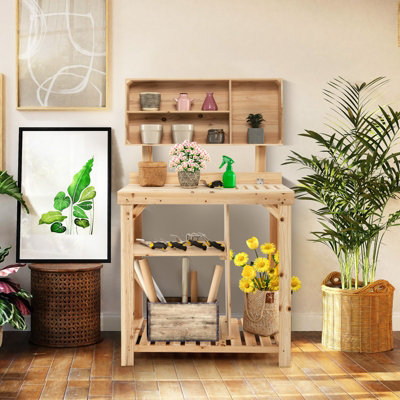 Costway Garden Potting Table Outdoor Potting Bench Wooden Workstation - 3