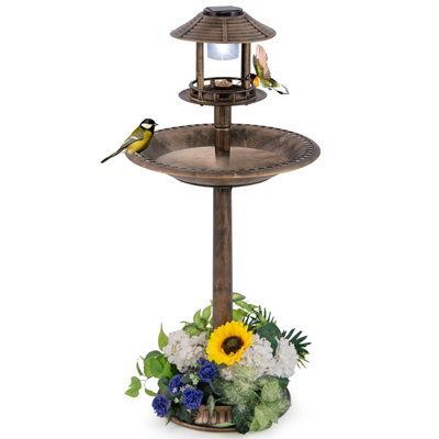 Costway Garden Solar Lighted Bird Bath Pedestal Bird Feeder w/ Flower Planter Base