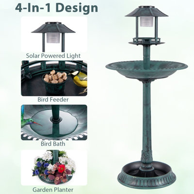 Costway Garden Solar Lighted Bird Bath Pedestal Bird Feeder w/ Flower Planter Base