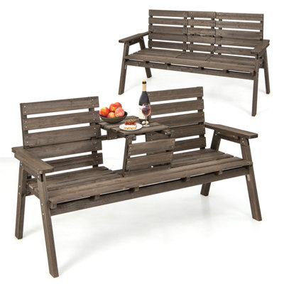 Costway Garden Wood Bench w Foldable Middle Table Outdoor 2 3 Person Slatted Seat Bench