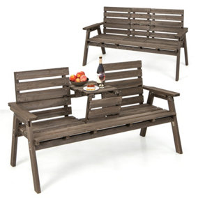 Costway Garden Wood Bench w/ Foldable Middle Table Outdoor 2-3 Person Slatted Seat Bench