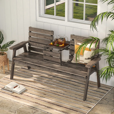 Costway Garden Wood Bench w/ Foldable Middle Table Outdoor 2-3 Person Slatted Seat Bench